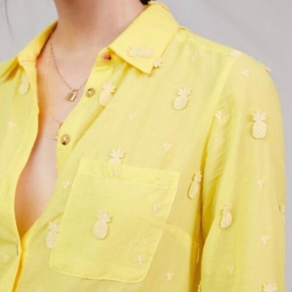 Anthropologie Tops - Mauve by Anthropologie Yellow Pineapple Embroidered Buttondown Blouse | Size M
